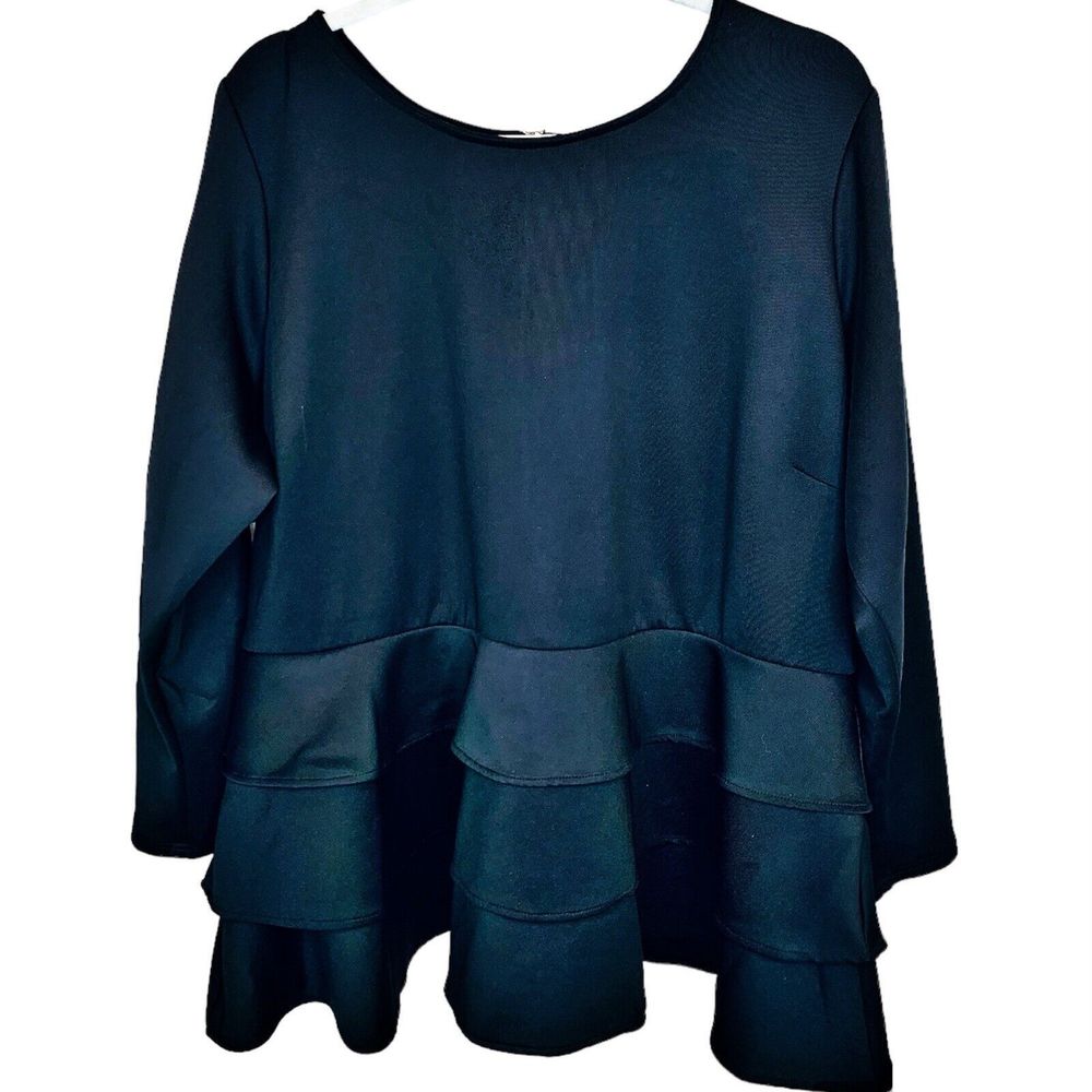 Ashley Stewart Triple Ruffle Peplum Top‎ Black Plus Size 22/24 Stretch Knit